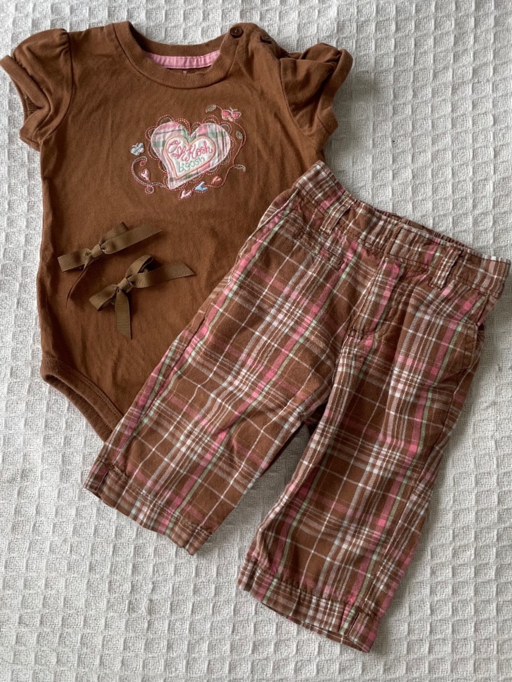 Vintage Osh Kosh Brown and Pink Plaid Matching Set - Matching bows